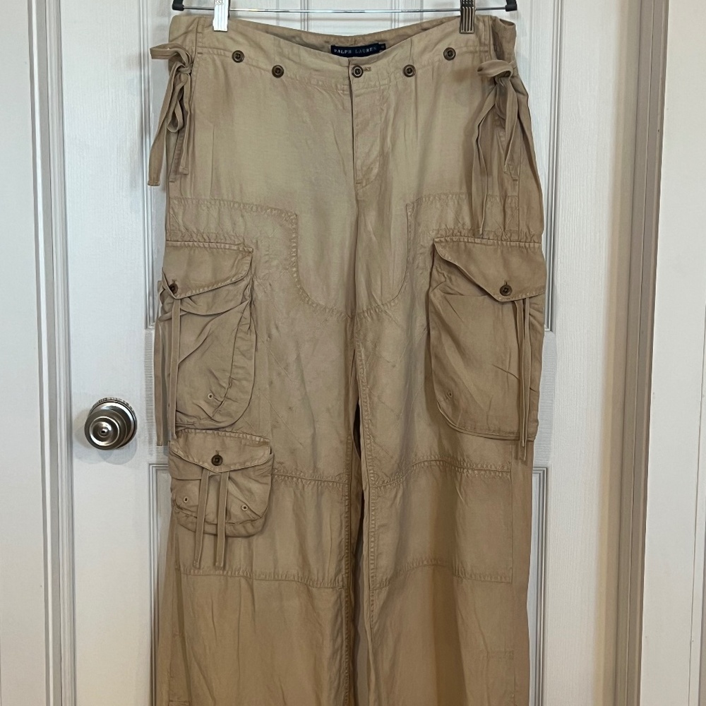 Ralph Lauren blue label size 10 new NWT tan khaki cargo pants linen silk $245